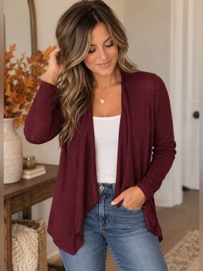 Mudd Burgundy Waterfall Cardigan Large Open Front Lightweight Fall Sweater